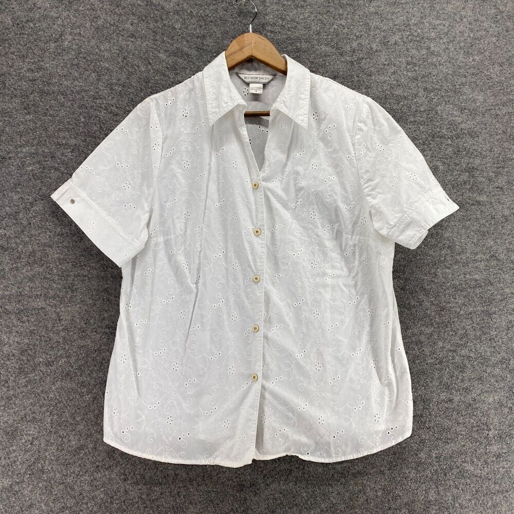 5/45 Allison Daley Shirt Women 14 Gray Floral Button Up Embroidered